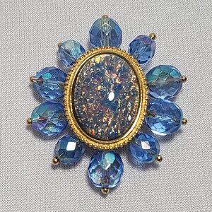 Joan Rivers Blue Foil Confetti Aurora Borealis Faceted Glass